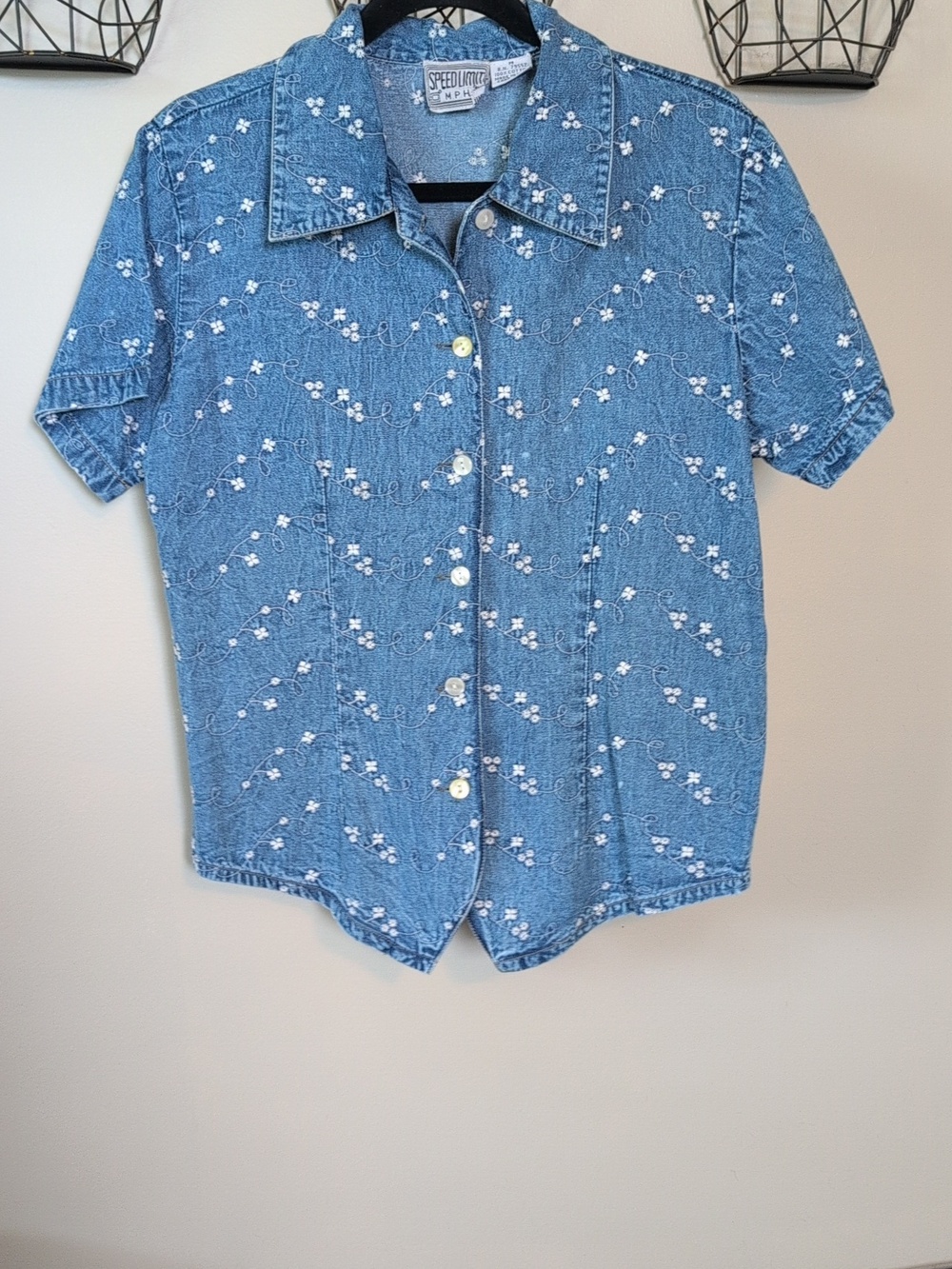 Speed Limit MPH Vintage Denim Floral Embroidered Shirt